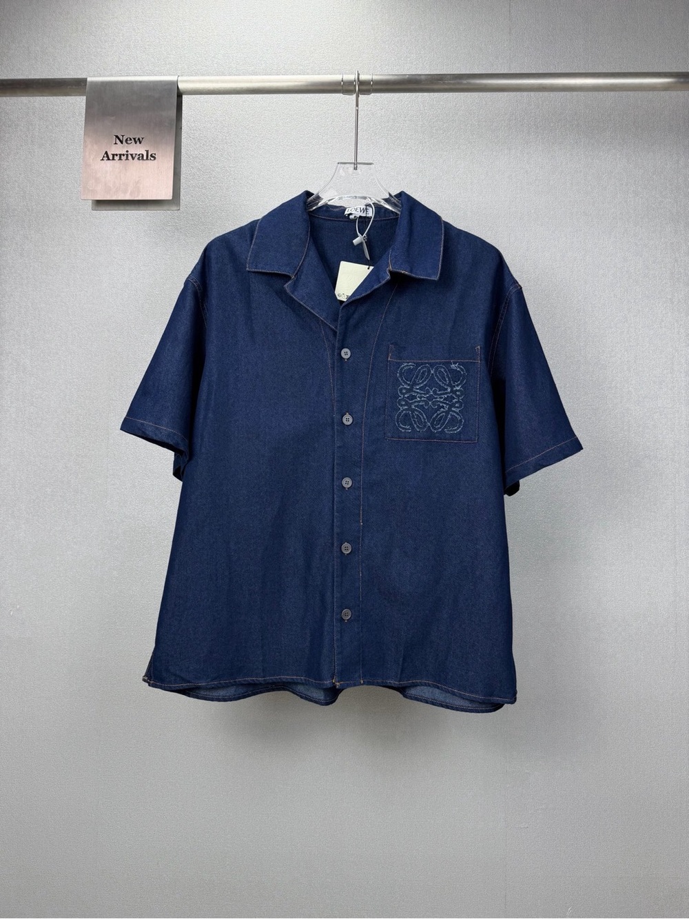 Loewe Dark Navy Short-Sleeve Button-Down Shirt with Embroidered Chest Pocket